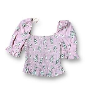 & Other Stories Pink Floral Blouse Smocked Puff Sleeves Size 2